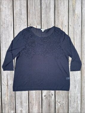 J JILL | Navy‎ Linen Blend Short Sleeve Crochet Cottagecore Sweater | Size XLP